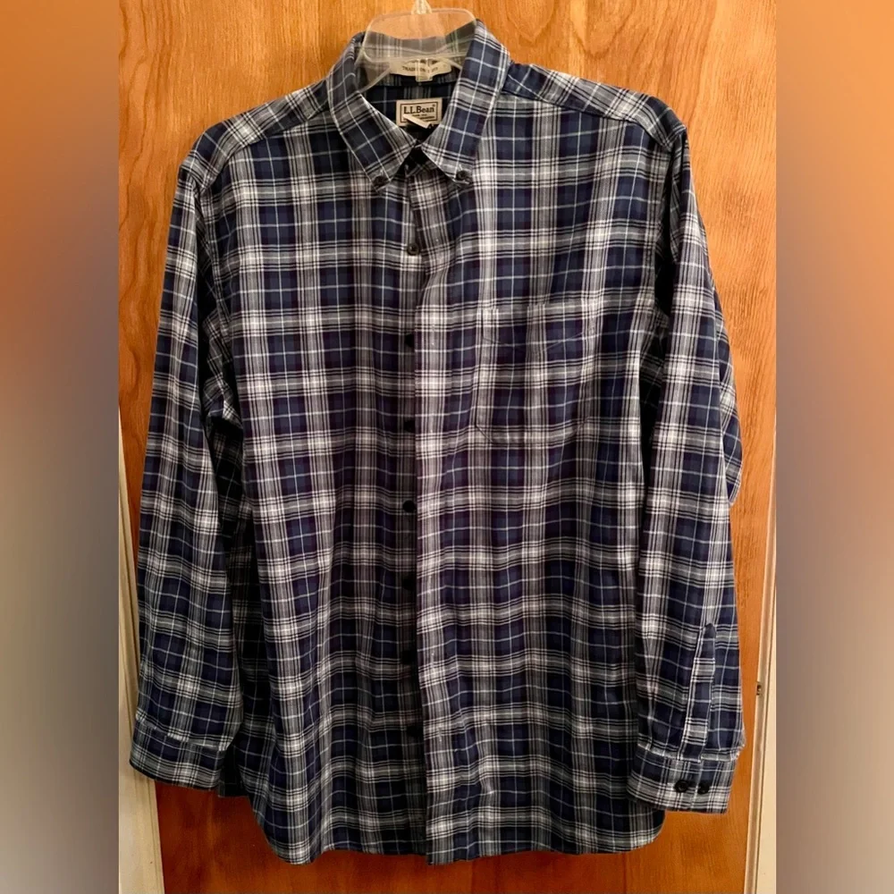 L.L. Bean Classic Blue White plaid‎ button down shirt Office Casual Large Tall